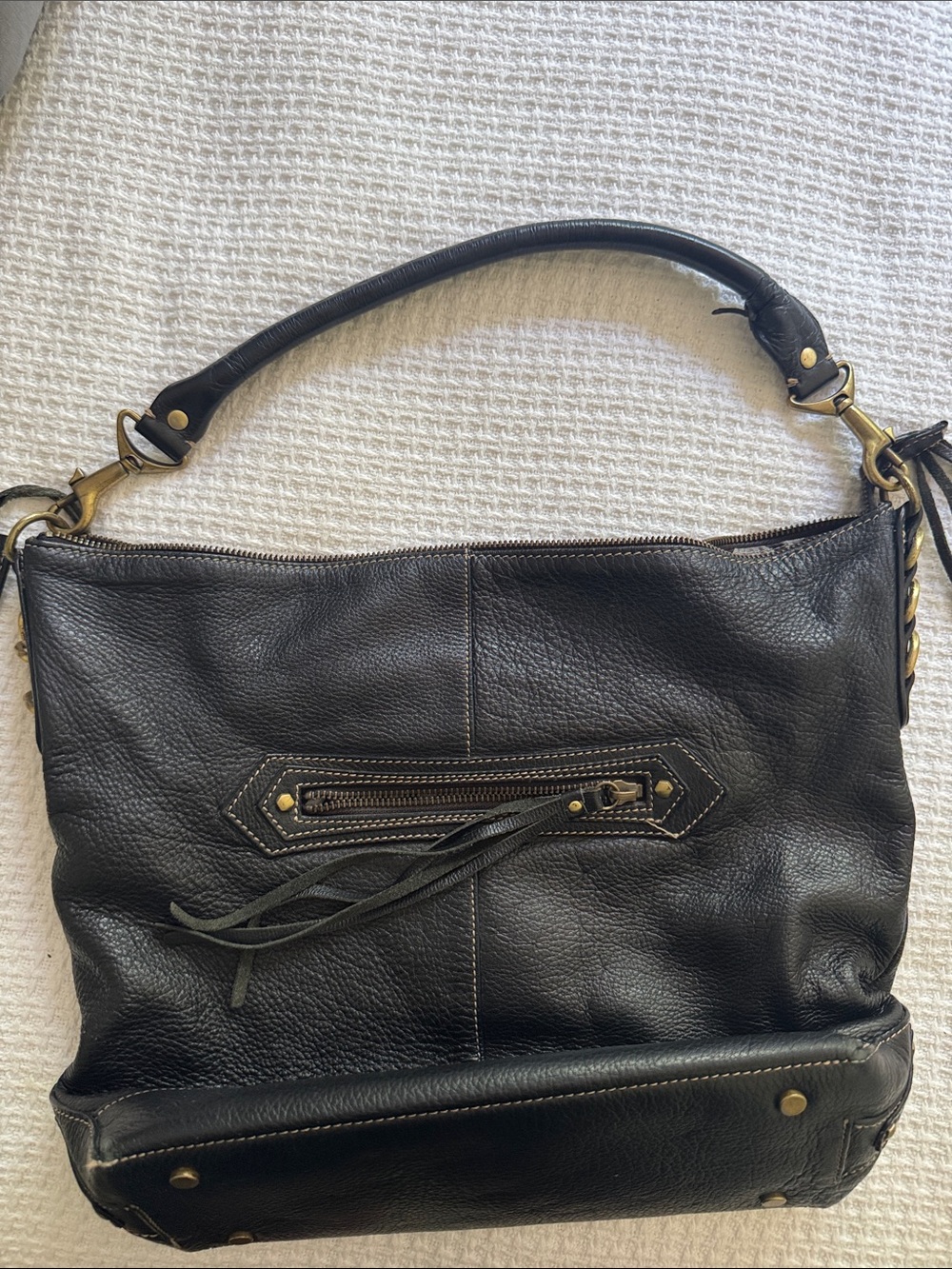 Via Spiga Black Leather Shoulder Bag with Brass Hardware